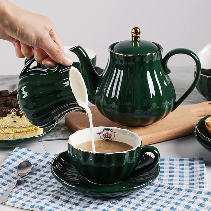 Sweejar Porcelain Tea Sets British Royal Series, 8 OZ Cups& Saucer Service for 6, with Teapot Sugar Bowl Cream Pitcher Teaspoons and Tea Strainer, Suitable for High Tea, Wedding, Party (Jade)