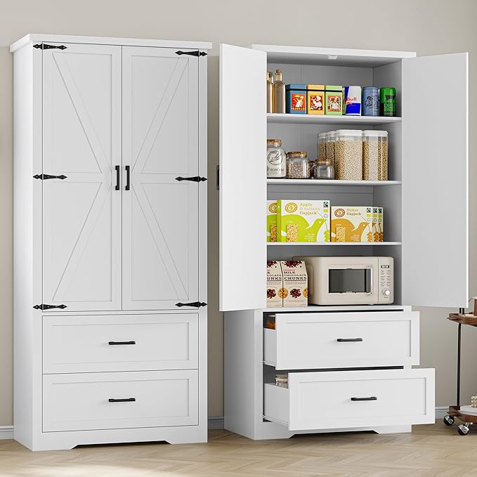 Pantry Organizers and Storage Cabinet, 71??Barn Door White Kitchen Cabinet with Drawers and Adjustable Shelf, Tall Pantry for Kitchen, Dining Room, Living Room. Bathroom and Office