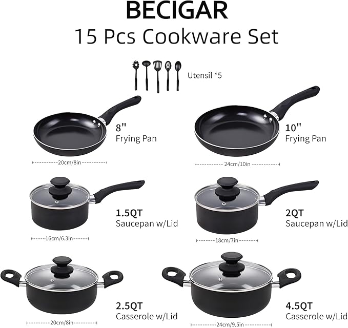 Black Ceramic Pots and Pans Set, 15PCS Nonstick Set Ceramic Cookware Set, Nonstick Pan Pots and Pans Set Non Stick Cookware set