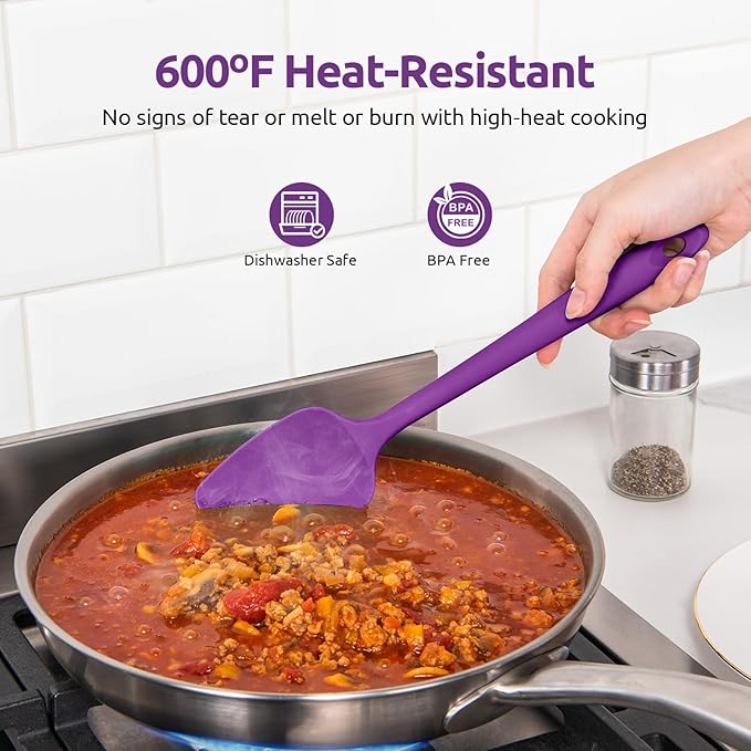 U-Taste Silicone Spoon Spatula Set, 600쨘F High Heat Resistant Food Grade Flexible Rubber Scraper, Integrated Cooking Mixing Baking Kitchen Utensils Set of 3 for Nonstick Cookware (Purple)