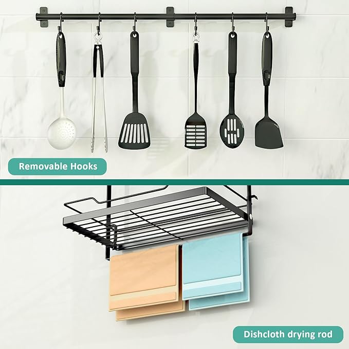 NADAMOO Kitchen Utensil Hanger and Spice Rack with Towel Rack Holder竊똚all Mount Space Saving Metal Storage Organizer for Pantry, Countertop, Bathroom