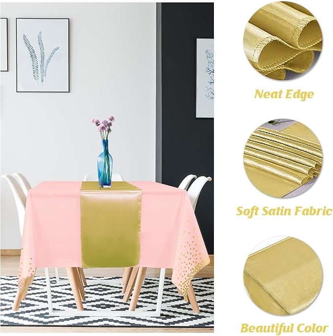 16Pack Disposable Plastic Tablecloths and Satin Table Runner Set Pink and Gold Dot Tablecloth Gold Satin Table Runner for Wedding Birthday Baby Shower Anniversary Christmas New Year Party Supplies