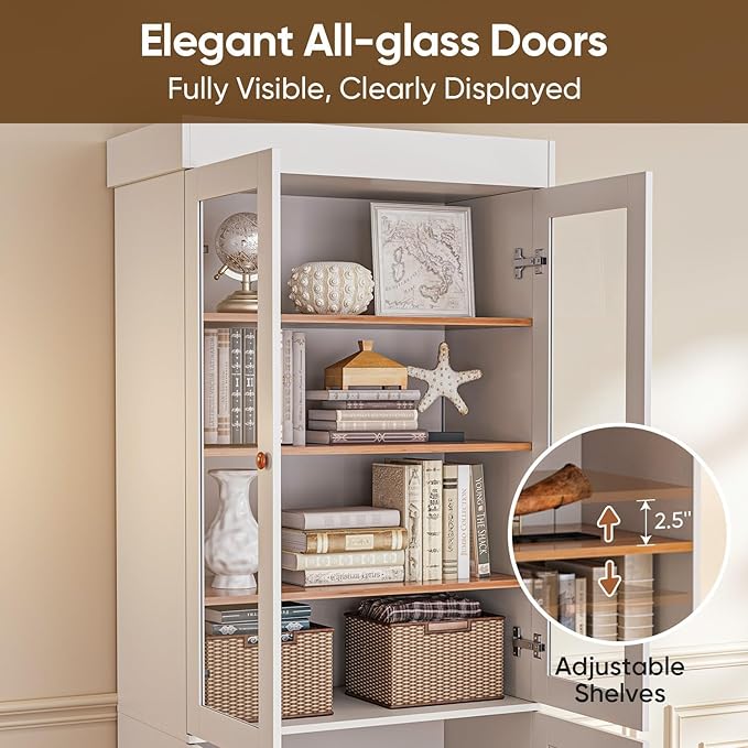 71" Tall Farmhouse Bookshelves with Glass Doors, Large Bookcase with Adjustable Shelves, Wooden Storage Cabinet for Living Room, Kitchen, Home Office, Dining Room, White Glass Door Cabinet Unit(4 Pcs)