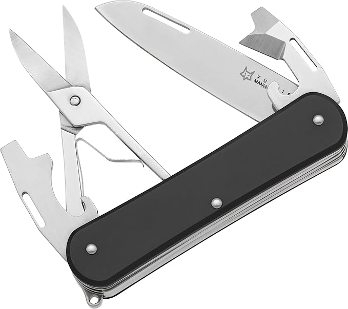Fox Knives Vulpis FX-VP130-F4 Slipjoint Folding Knife 4-in-1 Multitool 2.17in Blade, Bottle Opener, Can Opener, Flat Head Screwdriver, Scissors - Compact Versatile Minimalist Pocket Knife (Black)