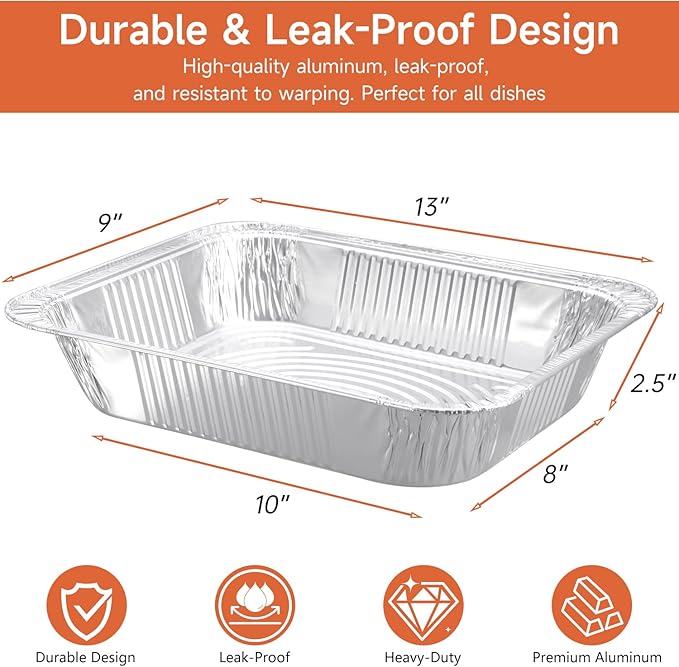 Half Size Aluminum Pans 9x13-10 Pack Aluminum Foil Pans, Heavy Duty Disposable Pans for Cooking, Baking, Meal Prep, Parties & Food Storage