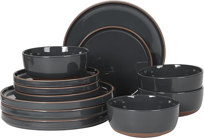 Gibson Elite Northrock Stoneware Dinnerware Set, 12-Piece Service for 4 Plates and Bowls Set ??Charcoal Blue Dishes with Hand-Painted Terracotta Base