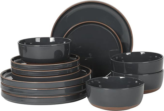 Gibson Elite Northrock Stoneware Dinnerware Set, 12-Piece Service for 4 Plates and Bowls Set ??Charcoal Blue Dishes with Hand-Painted Terracotta Base