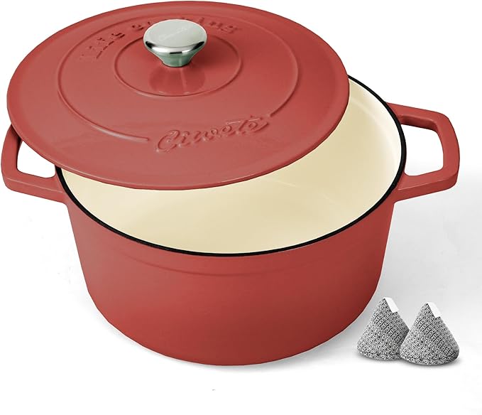 Enameled Cast Iron Dutch Oven ??6 Quart Pot with Lid & Potholders ??Heavy-Duty Cookware for Bread Baking, Braising, Stews & Roasting ??Oven & Stovetop Safe up to 500째F ??Red