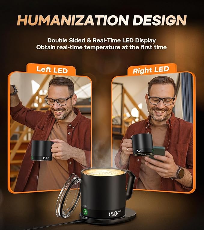 Heated Coffee Mug Rechargeable - Temperature Control Self Heating Coffee Mug 14oz with Lid, Double Sided & Real-Time LED Display, Hot up to 150?? Birthday Gifts for Women and Men(Black)