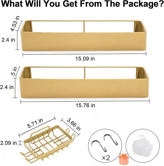Premium Shower Caddy, 3 Pack Gold: Rustproof, Scratchproof, Quick Drainage, Adhesive Shower Storage Rack