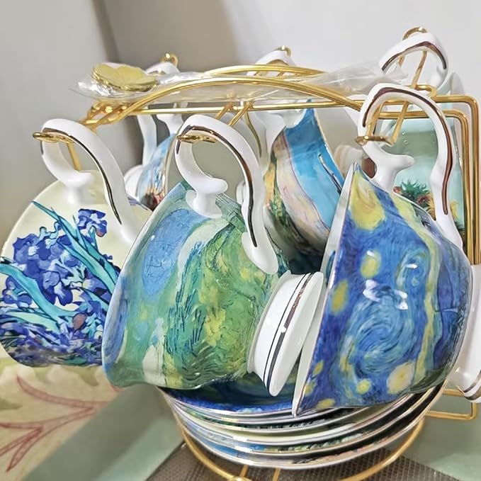 Van Gogh Bone China Set of 4 Cups and Saucers, Coffee Cup and Saucer Set With Gift Box, 7.4-Ounce Art Coffee Mugs Set - Perfect Birthday/Holiday/Wedding Gift