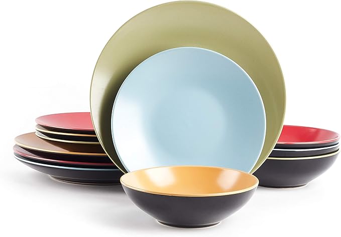 Stoneware Two-Tone Colors Life 12pc Dinnerware Set竊똎utside Shinny Black + Inside Matte Finished Very Funny - 4 Assorted Colors Turquoise, Olive, Curry, Red
