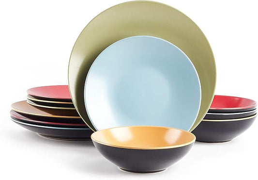 Stoneware Two-Tone Colors Life 12pc Dinnerware Set竊똎utside Shinny Black + Inside Matte Finished Very Funny - 4 Assorted Colors Turquoise, Olive, Curry, Red