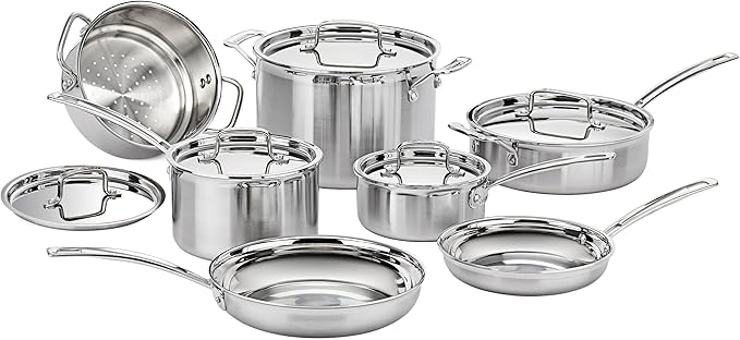 Cuisinart 12-Piece Cookware Set, MultiClad Pro Triple Ply Stainless Steel Cookware Set, Heat Surround Technology, Cool Grip Stick Handles, Oven Safe Up to 500째F, MCPS-12N, Silver
