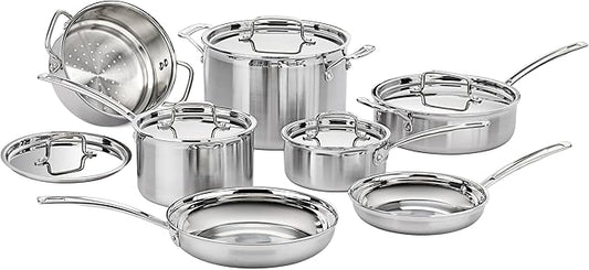 Cuisinart 12-Piece Cookware Set, MultiClad Pro Triple Ply Stainless Steel Cookware Set, Heat Surround Technology, Cool Grip Stick Handles, Oven Safe Up to 500째F, MCPS-12N, Silver