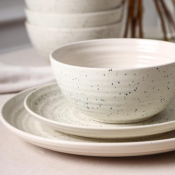 Stone Lain Dua 12-Piece Dinnerware - Stoneware, Plate and Bowls, Dishwasher and Microwave Safe, Dish Set for 4, White