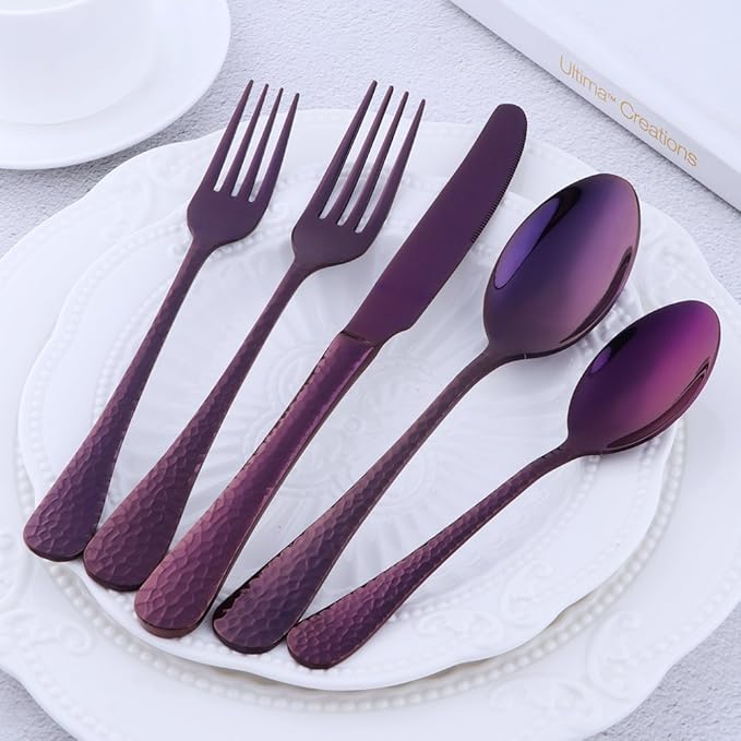 Purple Silverware Set, 20 Piece Premium 18/8 Stainless Steel Hammered Kitchen Utensil Flatware Cutlery Sets of 4, Mirror Polish, Dishwasher Safe