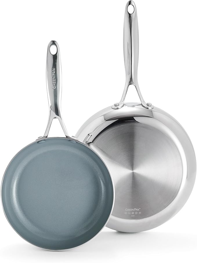 GreenPan Valencia Pro Tri-Ply Stainless Steel 8??and 10??Frying Pan Skillet Set, Ceramic Nonstick PFAS-Free Coating, Multi Clad Cookware, Induction, Dishwasher Oven and Broiler Safe