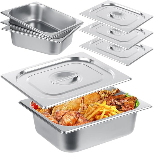 QTLCOHD 4 Pack 1/2 Half Size Hotel Pan with Lids, 4 Inch Deep Steam Table Pan with Lid, 12.8 x 10.4 Inch Stainless Steel Pans for Home, Party, Hotel, Buffet