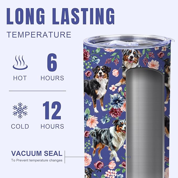 Yogusut Australian Shepherd Gifts for Women, 20oz Stainless Steel Insulated Tumbler Travel Mug Cup with Lid Straw Brush, Gifts for Dog Mom Dog Lover