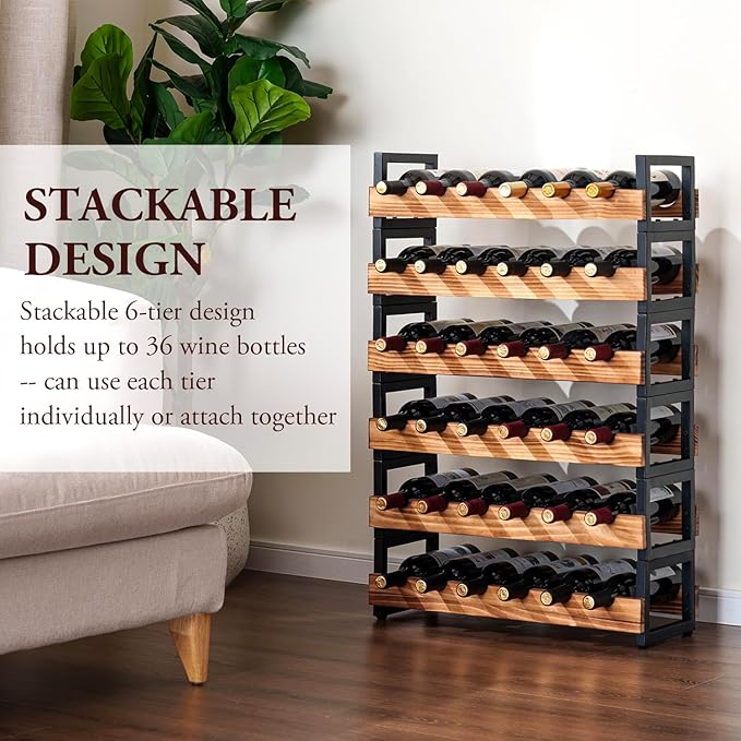MyGift 6-Tier Wine Rack for 36 Bottles ??Freestanding Industrial Wine Bottle Holder with Burnt Wood Shelves & Black Metal Frame ??Large Horizontal Storage Stand for Home Bar, Kitchen, Cellar