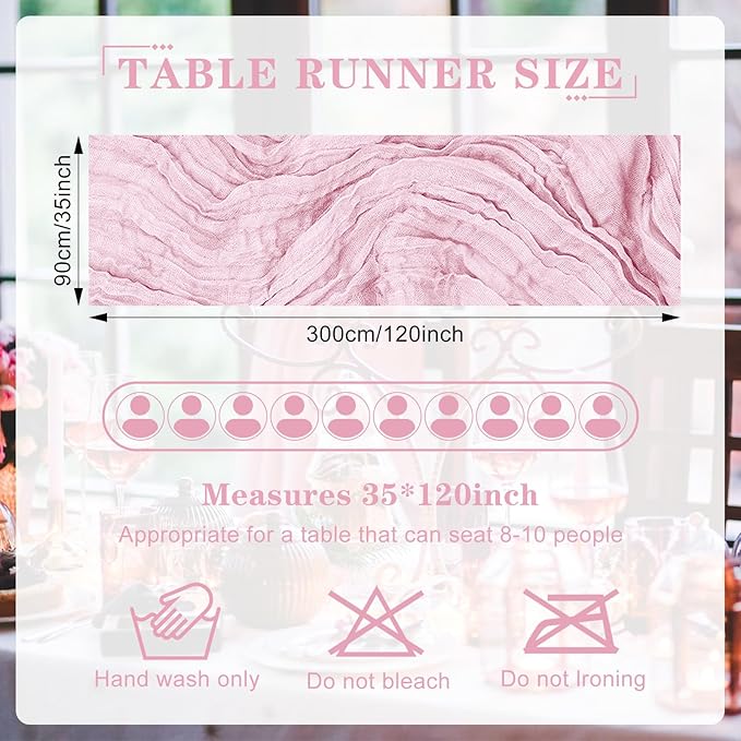 12 Pack Cheesecloth Table Runner 10Ft Christmas Gauze Boho Table Runners for Wedding Decor Bridal Shower Decorations Baby Shower Party(35" x 120")(Blushing Pink)
