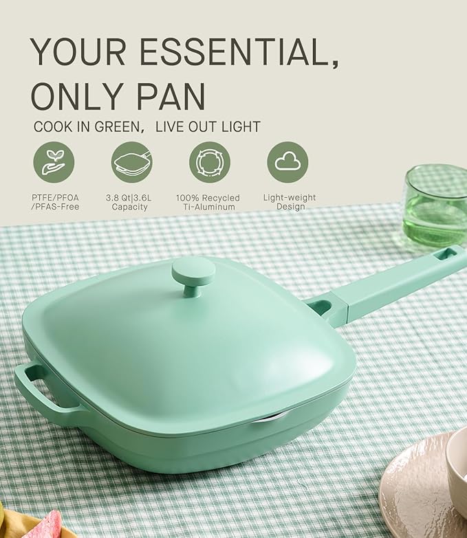 10.5 Inch(3.8QT) Ceramic Pan with Lid,Non Stick Frying Pans Cast Aluminum Deep Saut챕 Pans,Ti-Ceramic Non Toxic Pix Pan with Wooden Spatula and Scrubber-Mint Haze