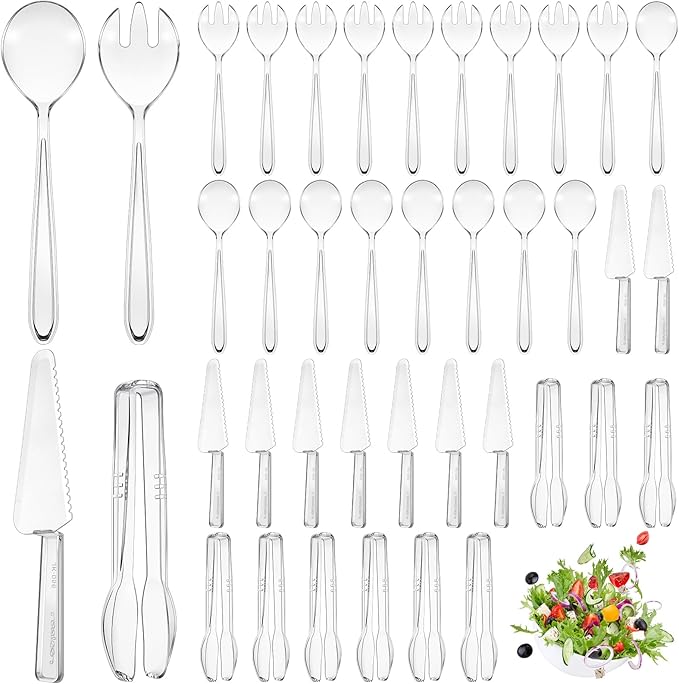 40 Set Disposable Plastic Serving Utensils Include10 Pcs 6.3 Serving Tongs 10 Spoons 10 Forks 10 Knives for Christmas Buffets Food Weddings Family Gathering Birthday Party(Clear)