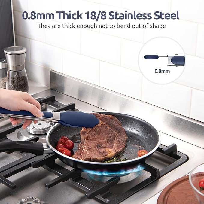 600쨘F Heat Resistant Kitchen Tongs: U-Taste 9 in Silicone Cooking Tong with Firm Sealed Non Stick Rubber Tips & Silicon Coated 18/8 Stainless Steel Handle & Smooth Lock for Serving Grill-Midnight Blue