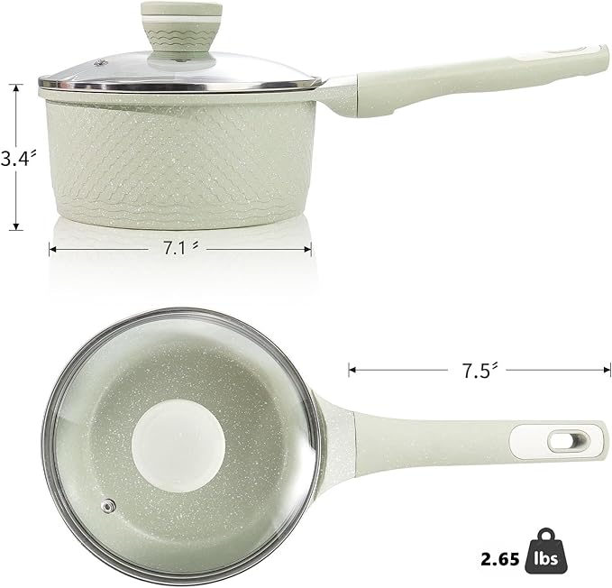 Sauce pan 2.0Qt SaucePan with Lid, Non Stick Sauce Pot for Cooking, Easy to Clean, Cooking all stovetop 100% Free PFOA PFAS - Green Granite
