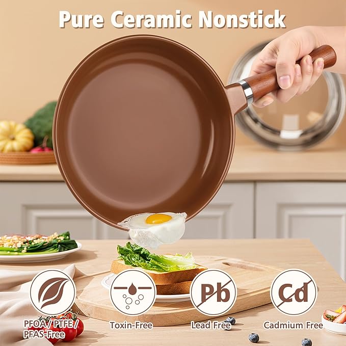 10-inch Pure Ceramic Frying Pan Skillet - Non-Toxic, PFOA/PFAS/PTFE Free, No Chemical Coating - Healthy Cooking - Solid Wood Handle (Brown)