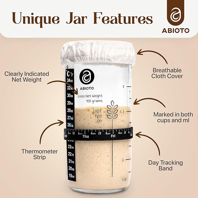 Sourdough Starter Kit, Includes 24 oz Sourdough Starter Jar with Metallic Lid, Silicone Spatula, Feeding Tracker, Extra Thermometer Strips & Breathable Covers - Sourdough Bread Starter Kit