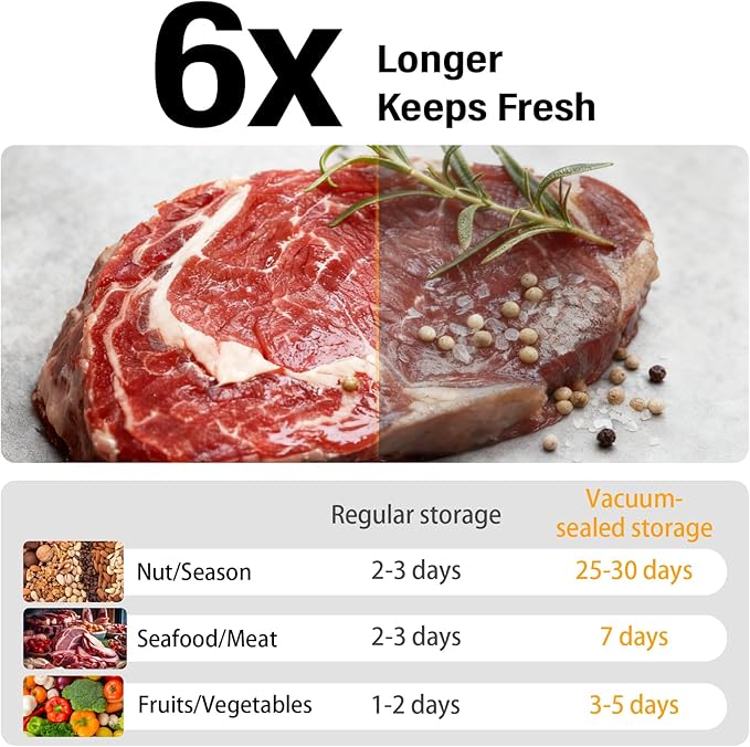 75 kPa Food Vacuum Sealer, Powerful Suction, Dry/Wet Modes for All Food Needs, Low-Temperature Slow Cooking, Countdown Timer, Lightweight and Portable, Includes 20 Sealing Bags, Ideal for Home Use