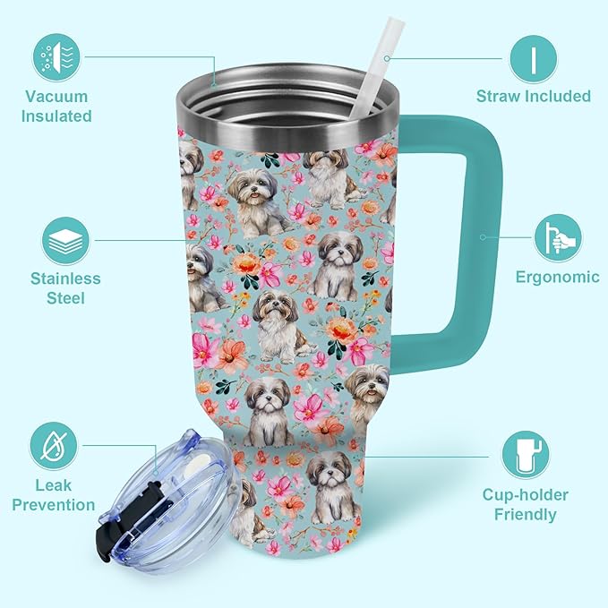 Yogusut Shih Tzu Gifts for Women, 40oz Stainless Steel Insulated Tumbler Travel Mug Cup with Handle Straw, Gifts for Dog Mom Dog Lover