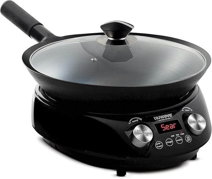 Nuwave Induction Wok, 3 Wattages 600, 900 & 1500, Precise Temp Controls from 100째F to 575째F in 5째F, Infuse Complex Charred Aroma & Flavor, Authentic 14-inch Carbon Steel Wok Included, Wok Hei