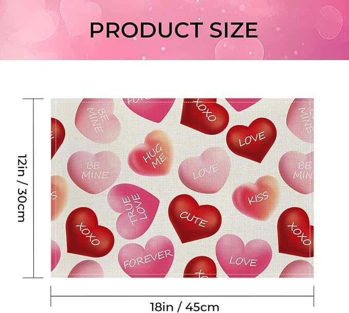 Valentine Placemats Set of 4, 12x18 Inch Be Mine Kiss XOXO Love Hearts Table Mats, Seasonal Anniversary Holiday Valentines Day Table Decorations for Kitchen Dining Home Party Decor