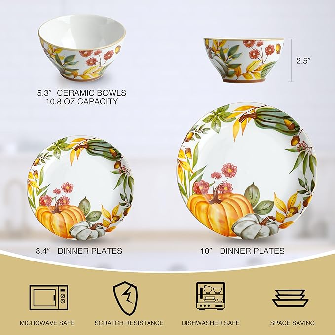 12-Piece Porcelain Dinnerware Set, Service for 4, Pumpkin Pattern Plates & Bowls, Microwave and Dishwasher Safe Dinnerware Set
