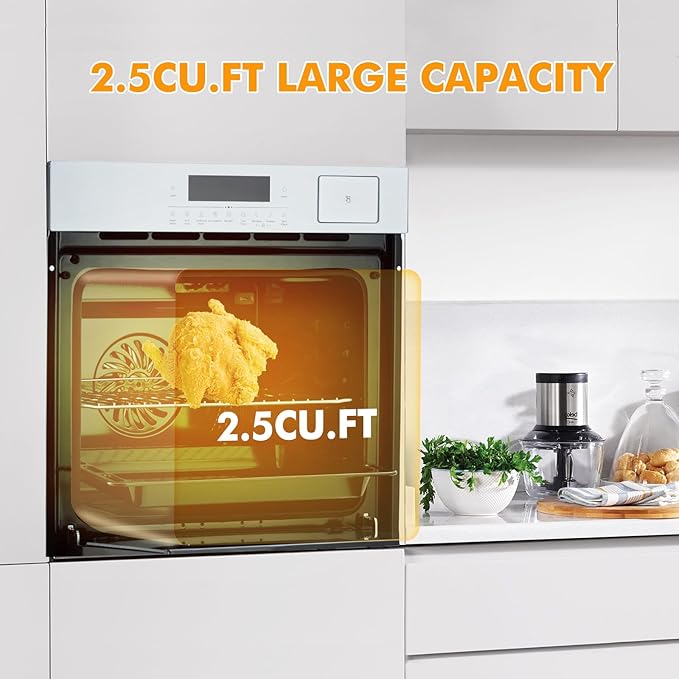 24" Built-in Single Wall Oven, 2.5 Cu.Ft (70L) Capacity - Electric Oven with Steam Bake, Air Fry & 3D Convection, Touch Controls, Timer, Safety Lock, Triple-Layer Glass Door, 3000W 240V, Silver