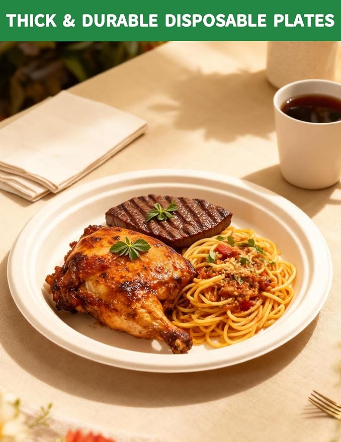 150Pack Compostable Paper Plates 9Inch Disposable Dinner Plates Heavy Duty Eco-Friendly Paper Food Trays Biodegradable Bagasse Plates for Meals, Parties, Wedding, Christmas