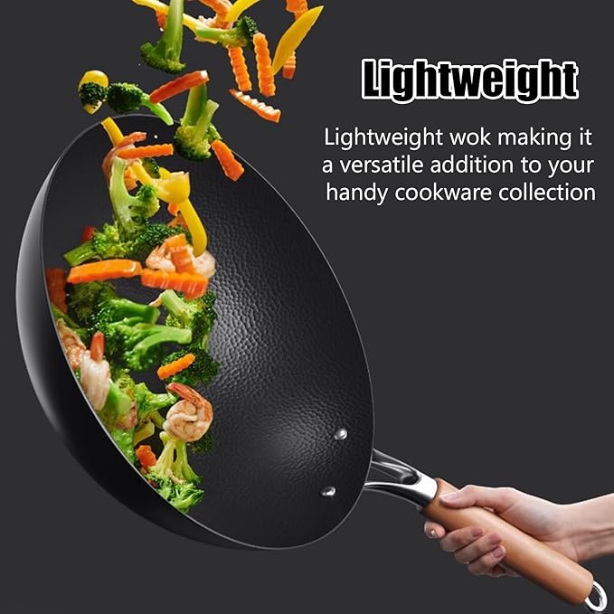 Titanium Hammered Wok with Lid, Pre-Seasoned Cast Iron Nonstick Stir-Fry Pan, Flat Bottom Wok, Scratch-Resistant Non Stick Titanium Pans for Cooking,12.6IN
