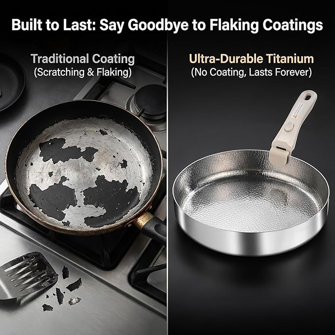 Titanium Pan, Titanium Pans For Cooking Pan with Detachable Handle, No Coating Non-Stick Skillet for Cooking, cool things to have in your kitchen Induction Compatible (8in,No pot lid)