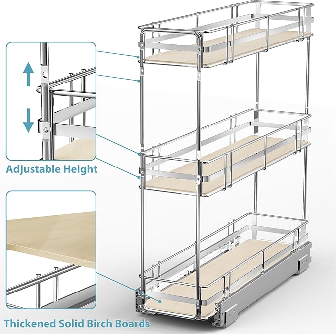 Pull Out Spice Rack Cabinet Organizer 6" W x 20쩍" D, 3 Tier Heavy Duty Slide Out Wood Shelf for Narrow Cabinet, Pull Out Storage for Kitchen