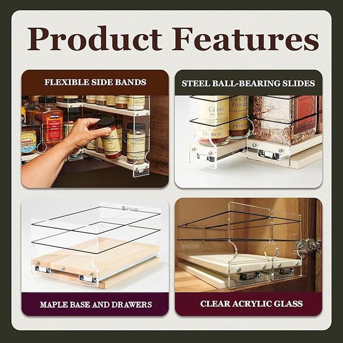 Vertical Spice Solid Maple Storage Rack Drawer - Sliding Spice Rack - Pantry Organizers and Storage - Kitchen Cabinet Organizer - Pull Out Shelf - Made in USA - 2 Drawers (6.9" W x 5.0" H x 10.6" D)