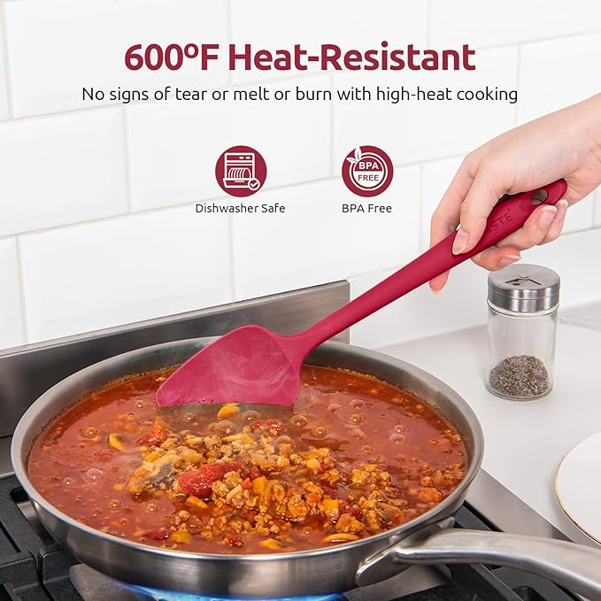 U-Taste Flat Spatula & Spoon Spatula: 11.38in 600쨘F Heat Resistant Silicone Bowl Scraper, Flexible Rubber Kitchen Cooking Mixing Utensil with Upgraded Non-Stick Surface (Set of 2, Red)