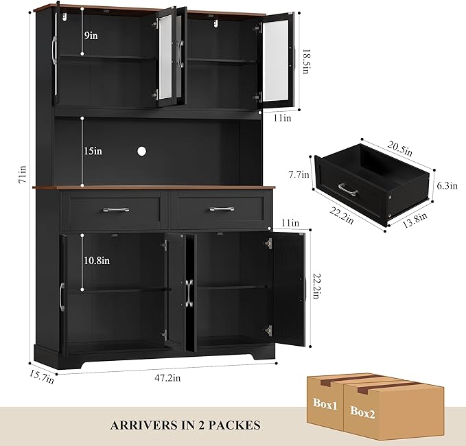 71" Tall Kitchen Pantry Cabinet, Kitchen Hutch with Microwave Stand, Glass Doors, Food Pantry Cabinet with Doors and Shelves for Dining Room, Black