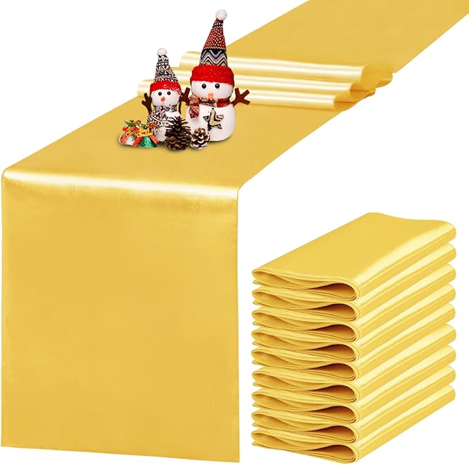 Yblut 10 Pack Satin Table Runner 12 x 108 Inch Long Gold Silk Table Runner for Wedding Party Banquet Birthday Decoration