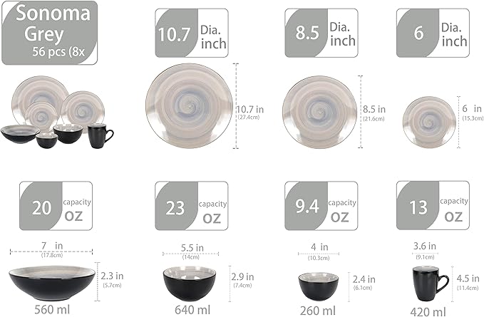 Stoneware Sonoma Dinnerware Set, Black + Speckled Spin Wash (56pc Set, Grey)