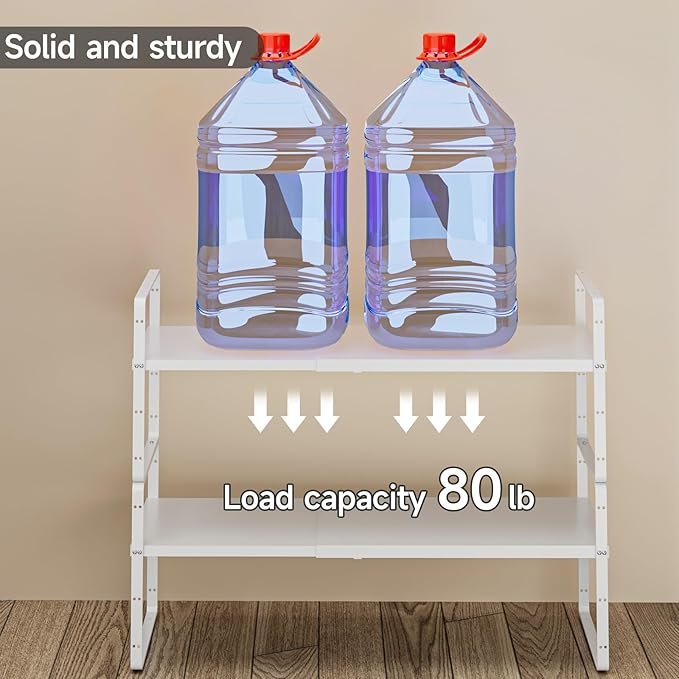 16.5-27?쇺셂 Expandable Kitchen Shelf Organizer, Stackable Shelves Organizer, Adjustable Height Pantry Spice Rack for Cabinet, Countertop, Pantry and Cupboard, White