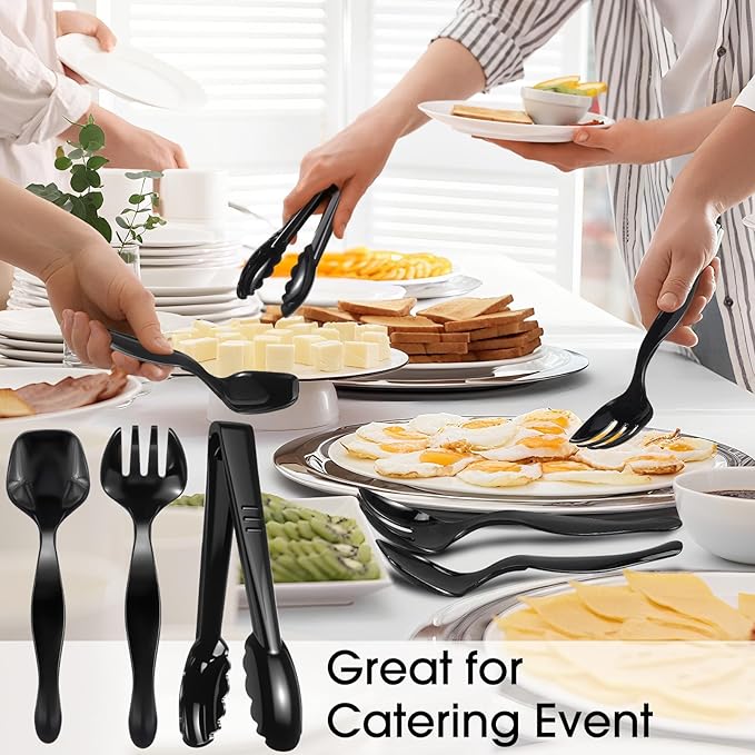 Patelai 36 Pcs Disposable Plastic Serving Utensils Set Including Black Disposable Serving Spoons Forks and Tongs Plastic Buffet Ware Supplies for Party Catering Restaurant Picnic Dinner