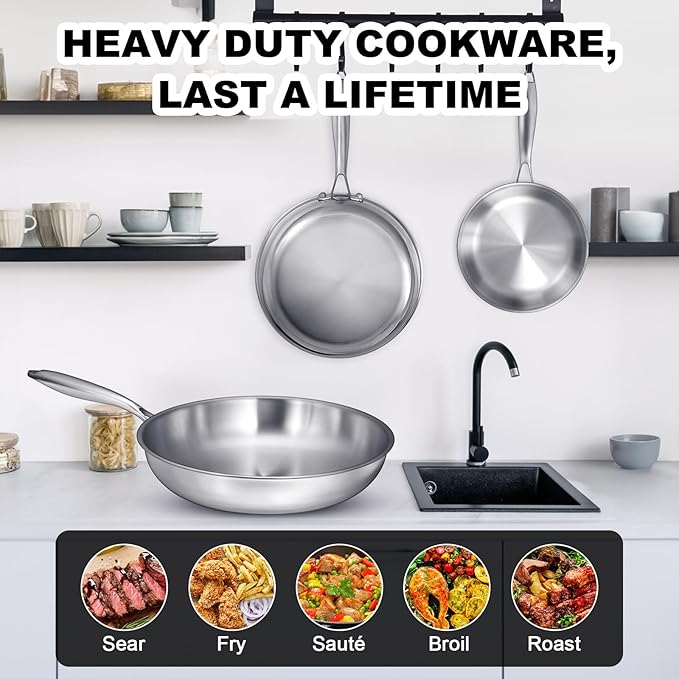 EWFEN Tri-Ply Stainless Steel Frying Pans Set, 8??10??12??Cooking pans, PFOA&PTFE Free Skillet, Induction Cooking Pan, Dishwasher and Oven Safe, Fast & Even Heat, Heavy Duty and Detachable Handle
